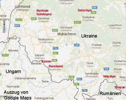 Karte von Transkarpatien (Google-Maps) mit ausgewählten Termalbädern und Sanatorien